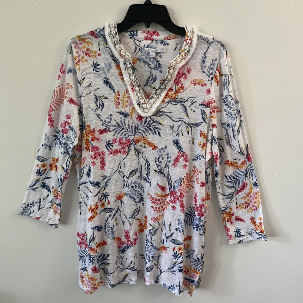 Chico's Linen Nautical Embellished Tunic Floral Top 2 Large Coastal Chic Resort‎